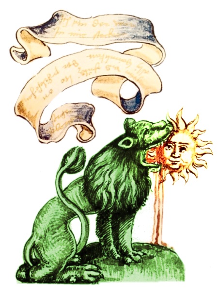 Green lion consuming the sun, 16th century alchemical emblem