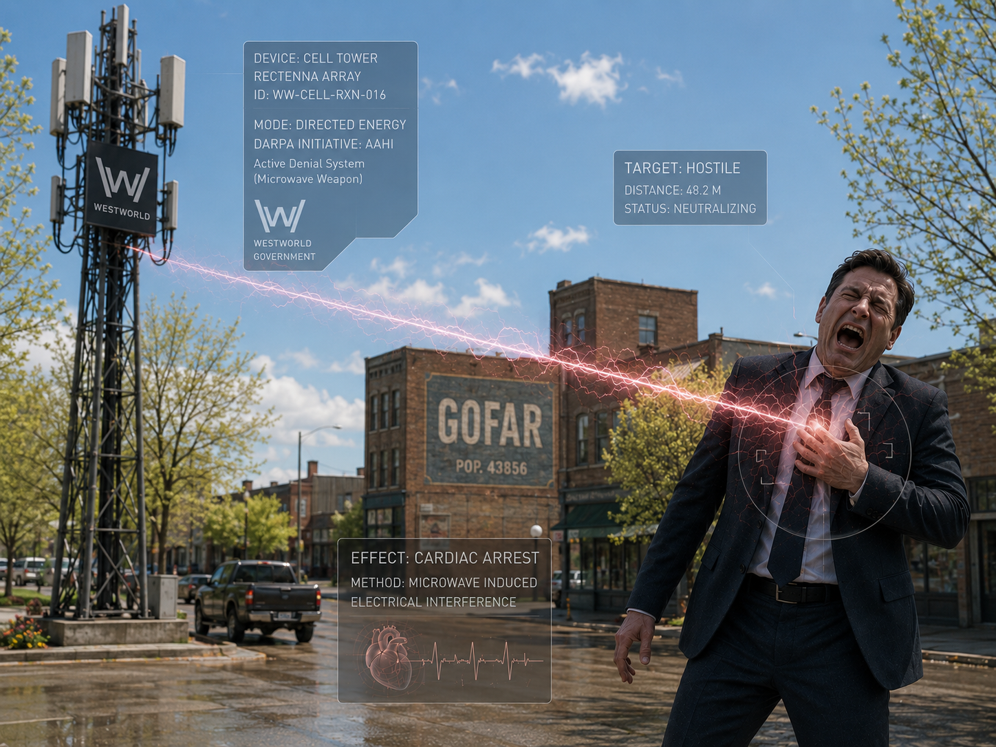 Cell-tower / directed-energy &ldquo;sting&rdquo; card (Westworld-Government rectenna) &mdash; the managed-grid beat.