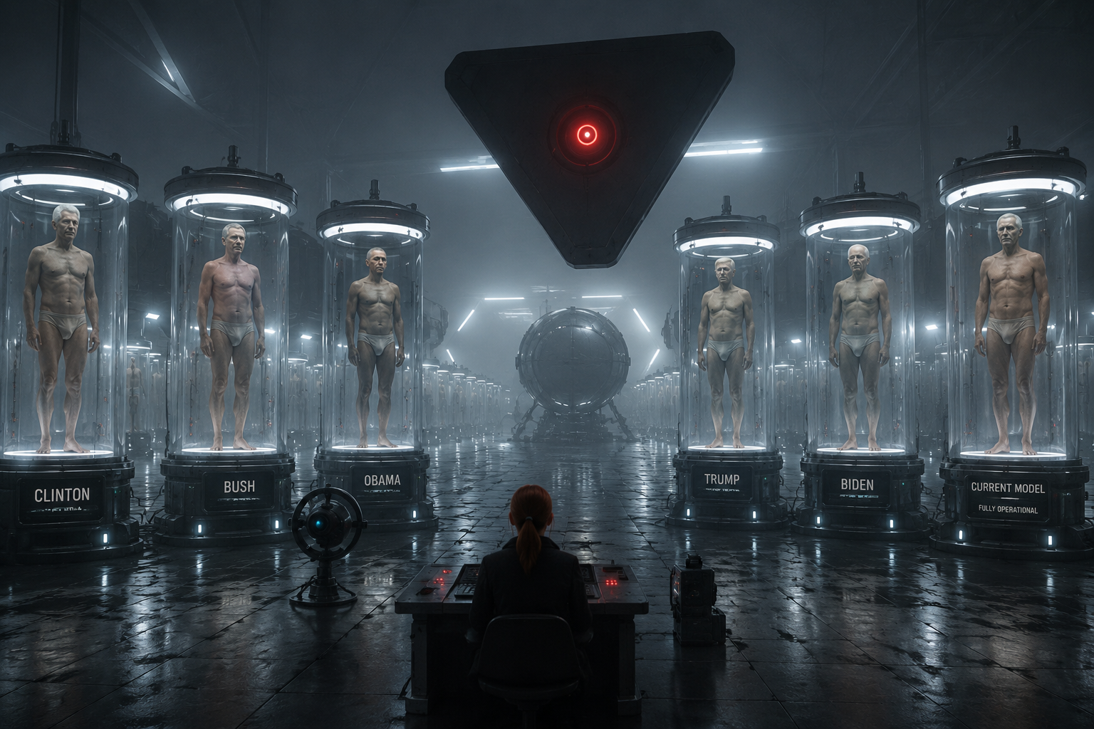 SKYNET WORLD &mdash; the triangular red-eyed overseer above the tanked presidents (Clinton / Bush / Obama / Trump / Biden &mdash; &ldquo;CURRENT MODEL &middot; FULLY OPERATIONAL&rdquo;).