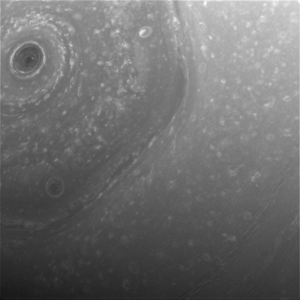 Close-up of Saturn's turbulent north pole and hexagon